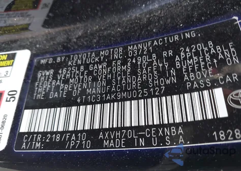 2021 Toyota Camry Le Hybrid from USA, damaged, VIN 4T1C31AK9MU025127